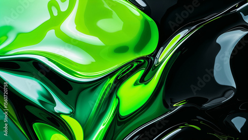 Glossy Abstract Background in Neon Green and Black with High-Contrast Reflections