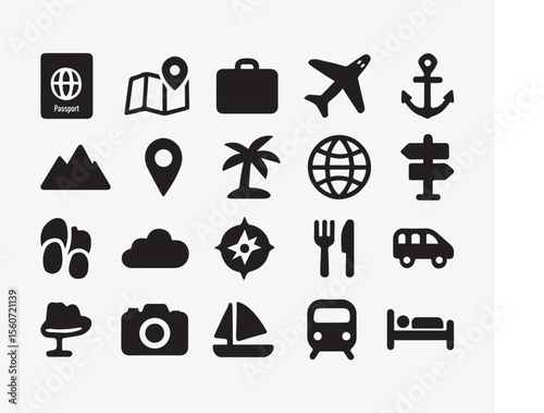 Travel & Vacation Planning Icons: Black Glyph Set for Global Journeys