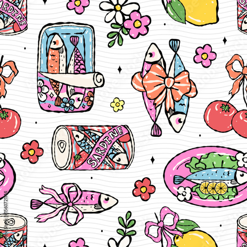 Seamless pattern sardine and coquette bow. Vector illustration