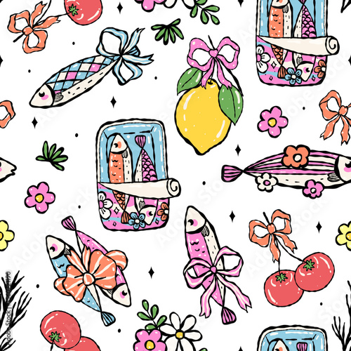 Seamless pattern sardine and coquette bow. Vector illustration