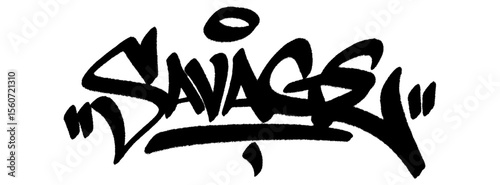 Savage graffiti tag in bold black spray with drip texture. Transparent background. Pure aggression and dominance in urban masculine design.