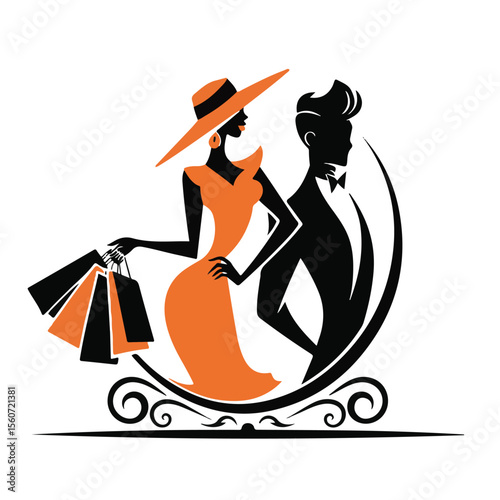 Vector illustration of a woman with a shopping bag and a violin, blending fashion with classical music