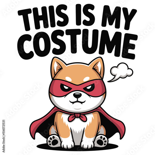 This is My Costume kawaii-style T-shirt design with grumpy Shiba Inu in superhero costume