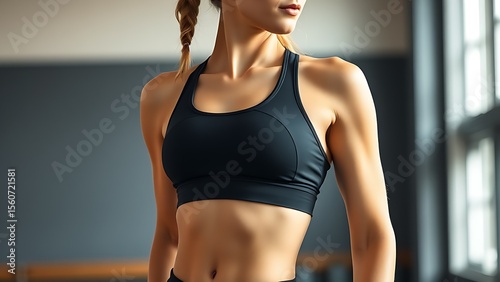 Athletic woman in sportswear, energetic pose against soft gym background.