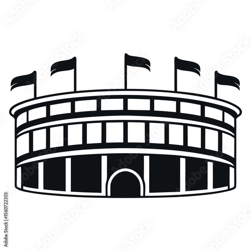 Black and white illustration of a stadium with flags isolated on white background