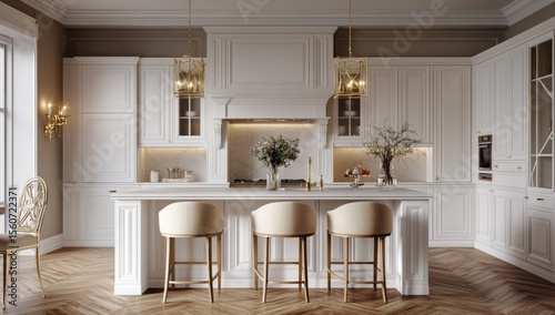 White kitchen with gold accents, elegant island