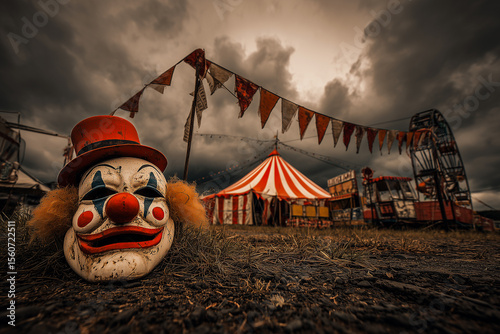 Creepy abandoned carnival with clown mask