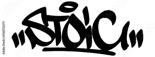 Stoic graffiti tag in black spray with drip texture. Transparent background. Minimalist, calm, and resilient. urban sigma tag with silent power.