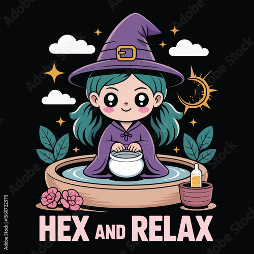 Witch at spa hex and relax kawaii-style vector t-shirt design isolated on a black background
