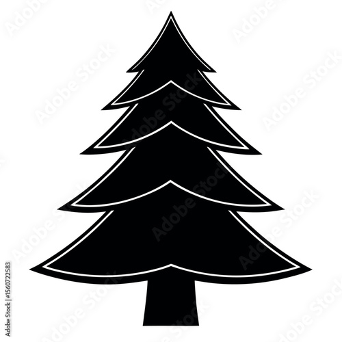 Stylized black fir tree silhouette with white outline isolated on white background