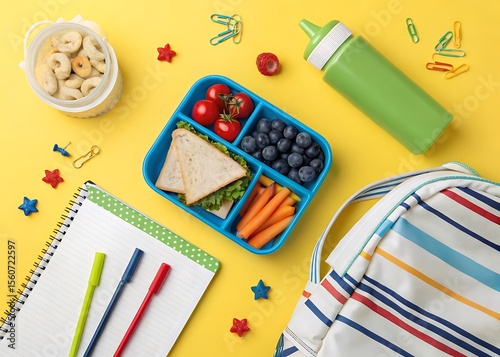 Brightly colored lunchbox filled with healthy food and school supplies on a yellow background