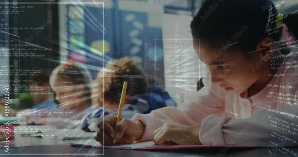 Classmates writing at classroom initiating code overlay scanning grid box honing profile detection