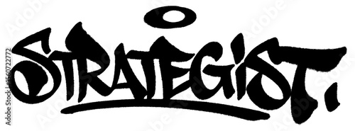Strategist graffiti tag in bold black spray paint with drips. Transparent background. Intelligent and sharp urban style for dominant masculine design.
