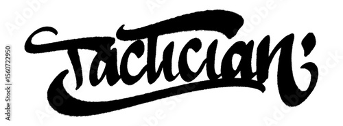 Tactician graffiti tag in black spray paint with drips and rough texture. Transparent background. Urban design symbolizing calm control and precision.