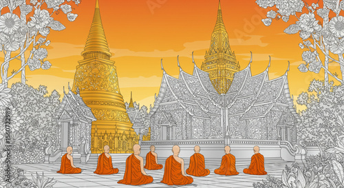 Serene Sunset at Thai Temple Monks in Meditation