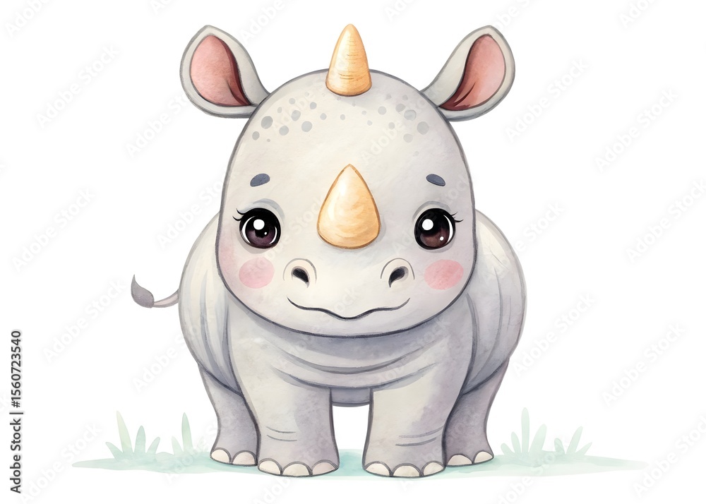 Naklejka premium Watercolor cute kawaii rhino illustration