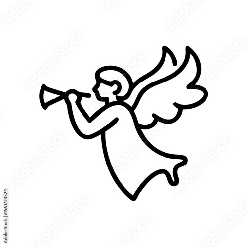 Angel blowing trumpet in minimal line art style on white background  