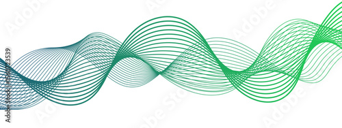 Abstract smooth, flowing wave pattern with green and teal curved lines on a white background, forming rhythmic, undulating shapes. Modern aesthetic, digital sound waves or motion energy.