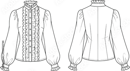 Technical flat sketch of a women's A-line skirt with an elasticated waistband, intricate lace-trimmed hem, and decorative details, ideal for elegant design.