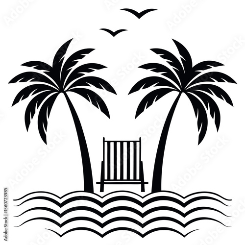 Tropical beach scene with palm trees lounge chair and birds isolated on white background