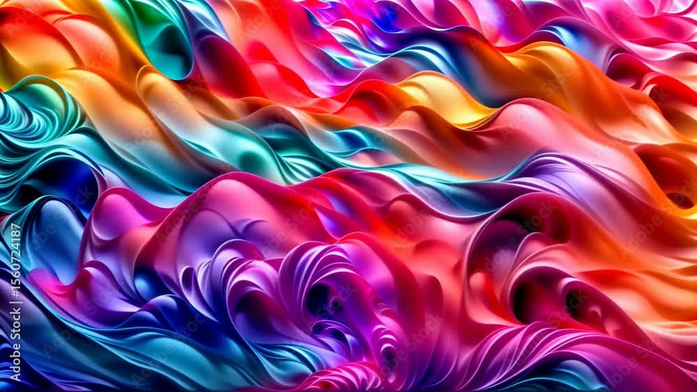 Rainbow of colors forms swirling pattern, abstract wallpaper of smooth, flowing ripple waves. Vibrant colors transition seamlessly from bright yellow, orange to cool blue, purple, pink. Loop animation