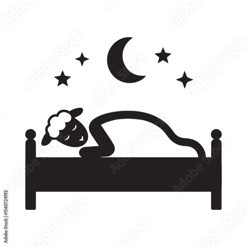 Black and white icon illustration of a person sleeping peacefully in a low bed, viewed from the side with a gently curved posture.