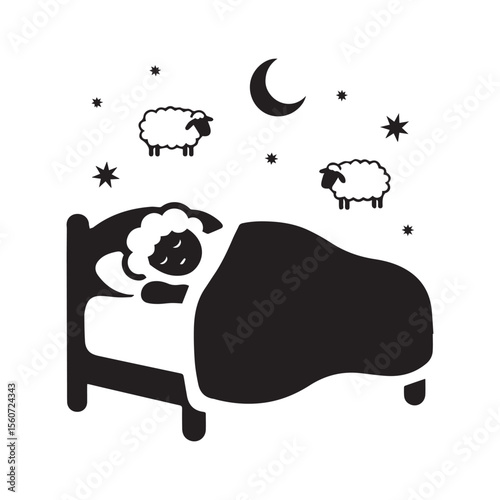 Black and white icon illustration of a person sleeping peacefully in a low bed, viewed from the side with a gently curved posture.