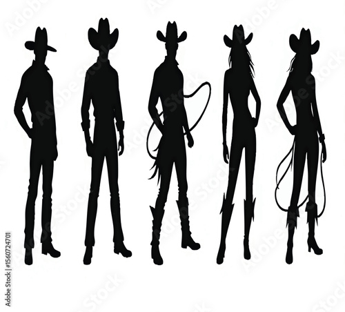 Cowboy and cowgirl rodeo vector silhouettes collection with white background.




