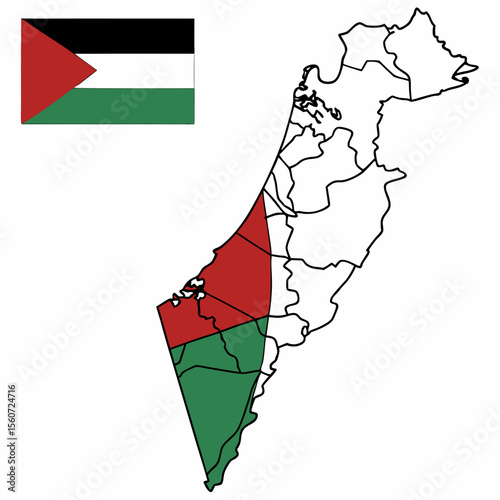 A map of palestine with the palestine flag and colored sections in red and green on a white background