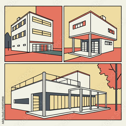 Three modern architectural designs in a comic book style with a limited color palette used throughout