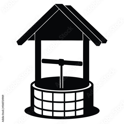 Rustic Village Well Depiction Silhouette Illustration Serene Water Source Rural Nostalgia, Classic Design for a Charming Farm Aesthetic