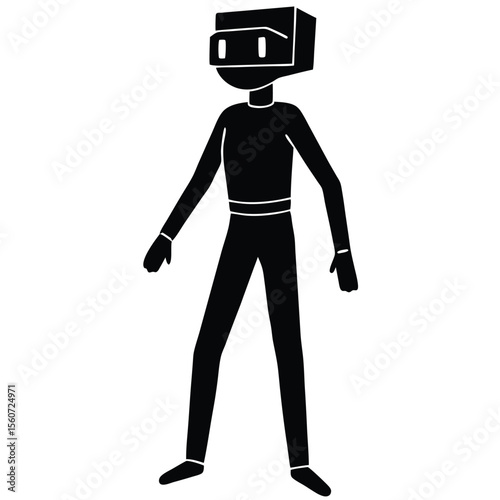 Silhouette of a Person Wearing a Virtual Reality Headset Standing with Legs Apart and Arms Down in a Black and White Image