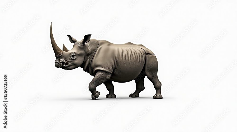 Fototapeta premium Majestic rhino standing against white background with prominent horns