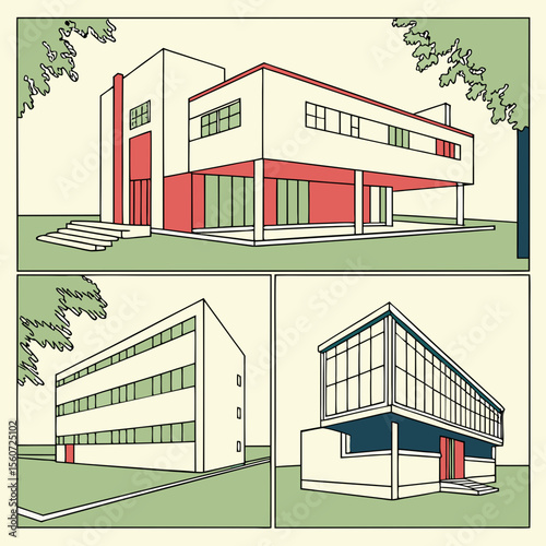 Three modern buildings in a comic style with flat colors and strong lines showing architectural design