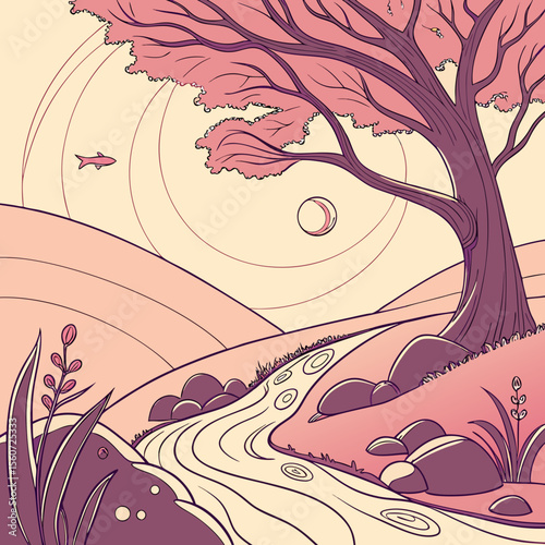 Illustration of a landscape with a tree river hills and a fish in a soft color palette