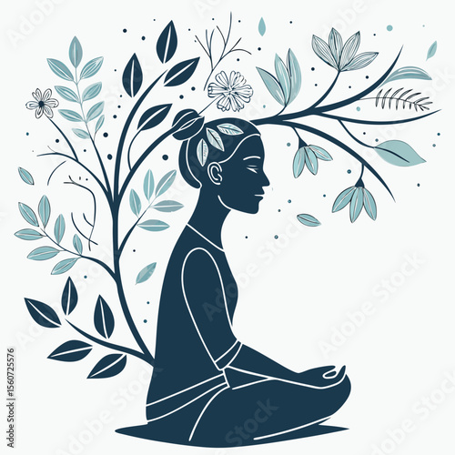Illustration of a woman in meditation pose with branches and flowers growing around her head and body