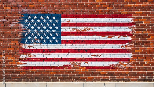 Faded American flag painted on weathered brick wall