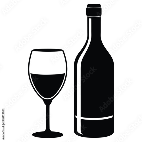 Black silhouette of a wine bottle and a glass filled with red wine