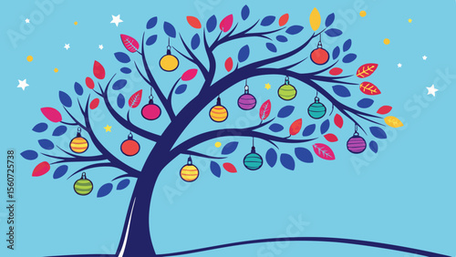 Colorful tree illustration with ornaments and leaves vector graphic design for christmas holiday season art