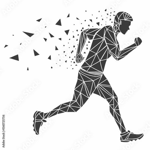 Geometric runner with triangles breaking away showing speed and movement on a white background