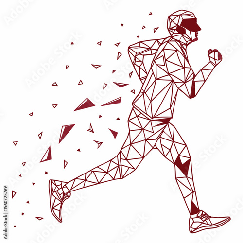 Geometric runner illustration showing a person in motion with triangular fragmentation effect design