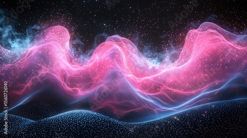 Abstract digital landscape with swirling pink and blue light.