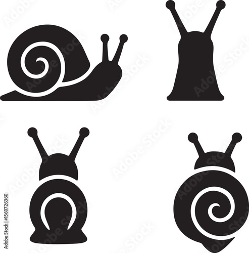 snail silhouette of icons set side, front, back, and top views vector art illustration