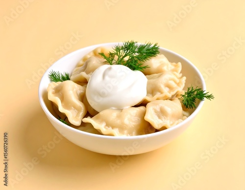 Delicious pierogi served with sour cream and fresh dill on a clean cream background