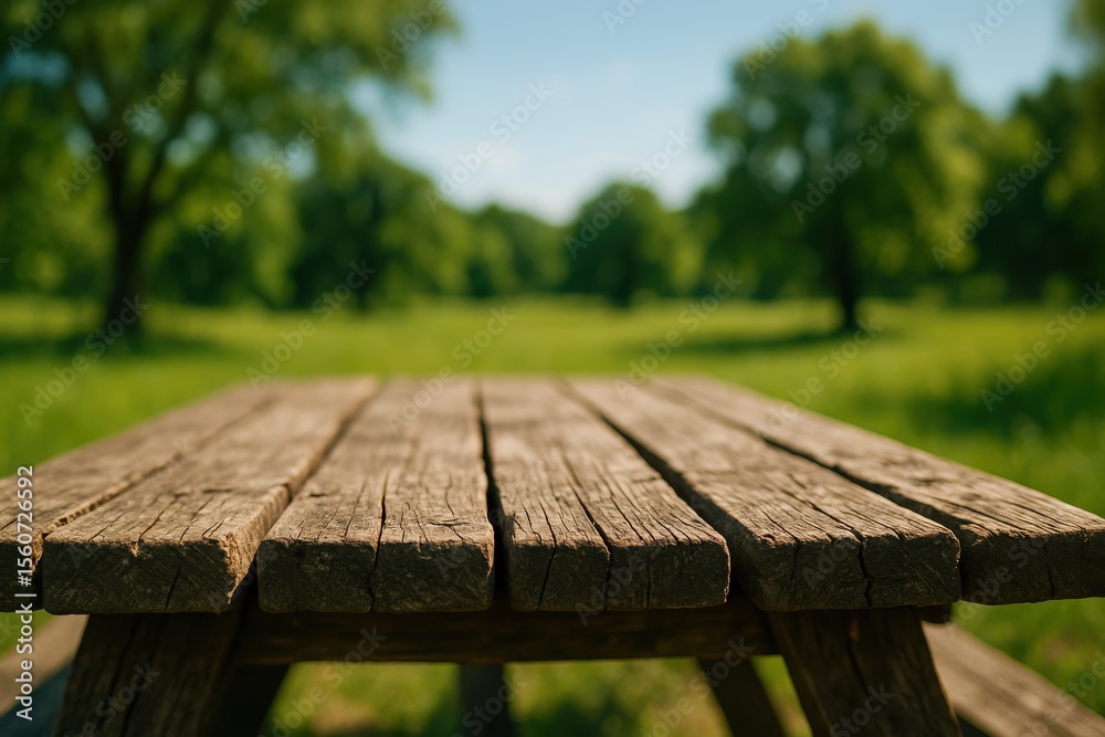 Fototapeta premium Empty weathered wooden picnic table in a sunny green park landscape