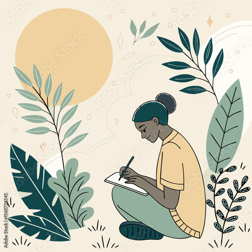 Woman writing in a notebook sitting outdoors surrounded by plants and a large yellow circle shape