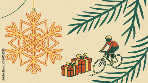 Christmas cycling gifts delivery with snowflake ornament and pine branches holiday season vector illustration