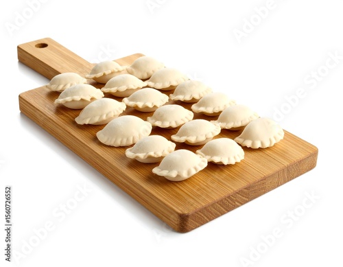 Tray of freshly prepared uncooked pierogi arranged on a wooden board on a clean white background