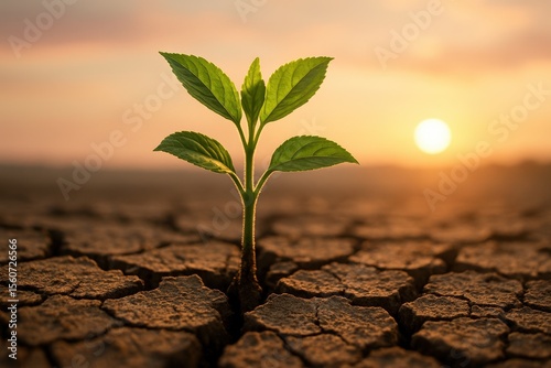 Resilient green sapling breaking through cracked dry earth at sunset