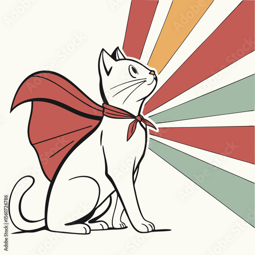 A white cat wearing a red cape looking up at colorful rays radiating from the upper right corner
